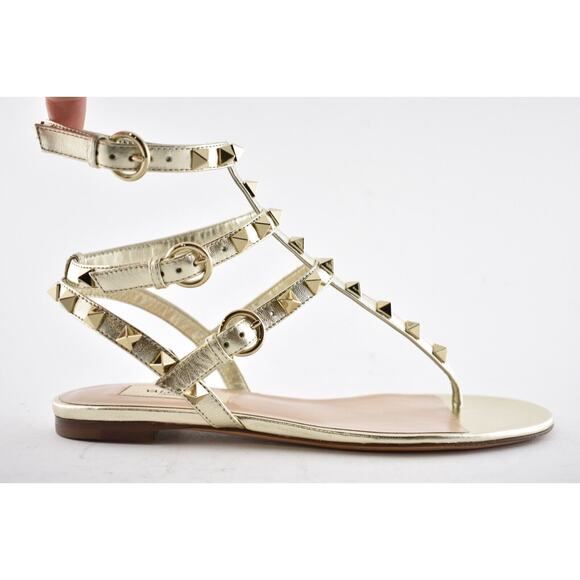 Valentino Rockstud P18 Gold Leather Triple Ankle Strap Gladiator Flat Sandal 35 - Picture 3 of 12
